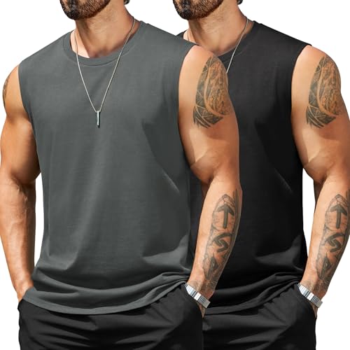 Men's Tank Top Cotton Workout Sleeveless Muscle T Shirt - XX-Large Black & Dark Grey 2 Pack