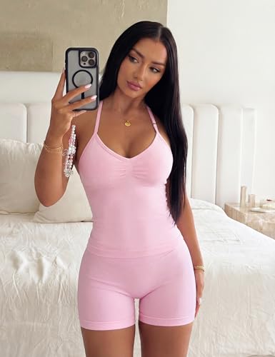 Pink 2 Piece Workout Sets for Women Halter Neck Tank Top & High Waist Scrunch Shorts - Medium