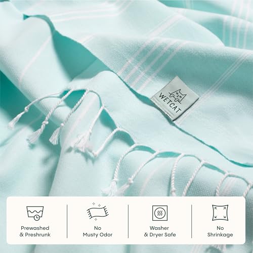 WETCAT Turkish Beach Towel Oversized (38"x71") 100% Turkish Cotton, Made in Turkey - Sand Free, Extra Large, Ultra Soft, Quick Drying, Compact & Lightweight for Travel - Aqua