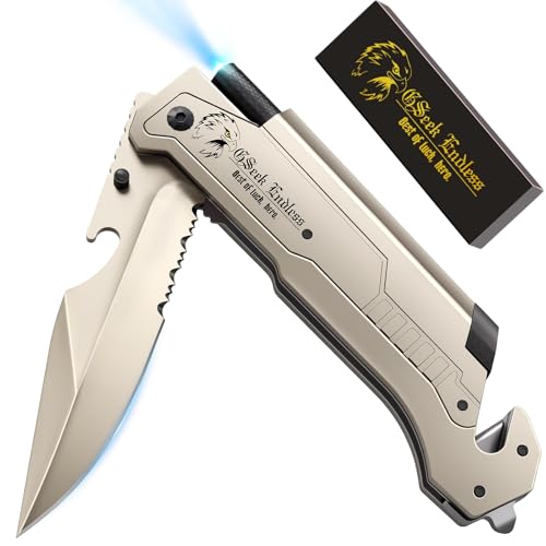 7-in-1 Multitool Folding Pocket Knife with LED Light Titanium Silver - Emergency Survival Tool for Camping, Hiking, Car Escape
