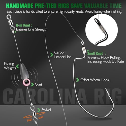 Pre-Tied Carolina Rig Kit for Bass & Catfish Fishing - Size 3/0, 10PCS