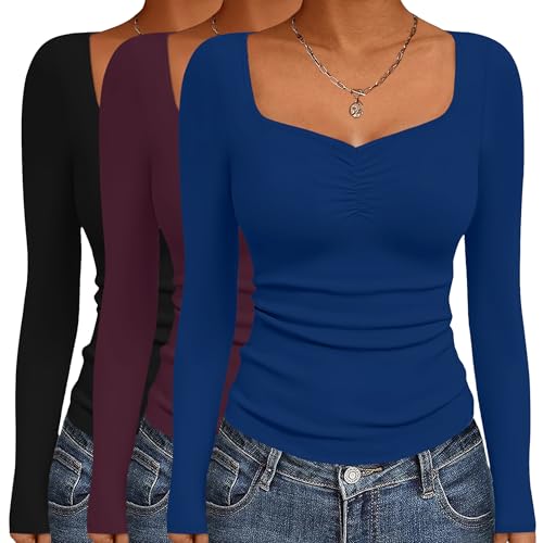 Ekouaer Long Sleeve Fitted Shirts for Women - Basic Layering Tee, 3 Pack, Black, Wine Red, Blue, Large