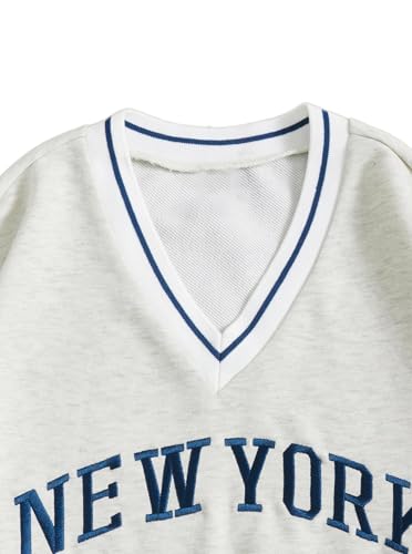 Remidoo Women's Oversized V-Neck Sweatshirt - Long Sleeve Yankee Top, Grey, Large