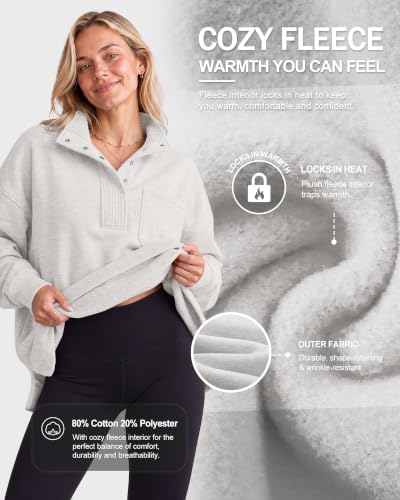 Women's Oversized Sweatshirt with Snap Button Henley Neck - Light Grey, Medium