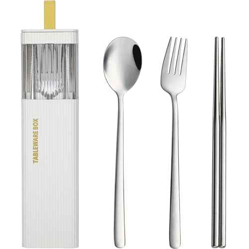 DEVICO Travel Utensils with Case, Stainless Steel Reusable Camping Silverware Set for Lunch Box, Portable Cutlery Kit Includes Fork, Spoon, Chopsticks (White)