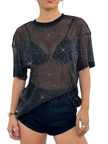 Women Sparkly Glitter Rave Outfits Sheer Going Out Top - Medium Black - Y2K