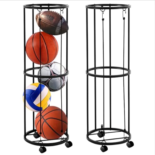 Heavy Duty Black Rolling Ball Storage Rack for Sports Equipment - Fits Basketball, Soccer, Volleyball, Football - Qevylentte