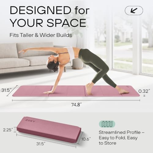 Foldable Yoga & Exercise Mat - Extra Wide 31.5 Inch XL, 74.8x31.5, Non Slip, Lightweight, Travel Friendly, Dusty Black & Smoky Pink