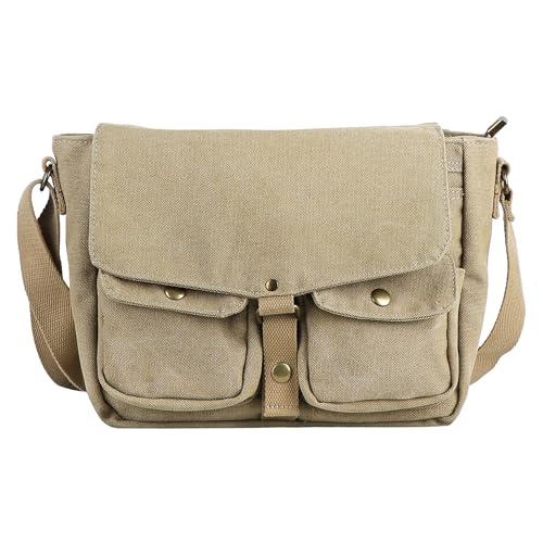 Khaki School Canvas Messenger Bag - Crossbody Vintage Satchel for Students