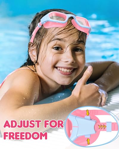 Kids Swim Goggles for 6-14 Years - Pink/Blue Clear Anti-Fog UV Protection