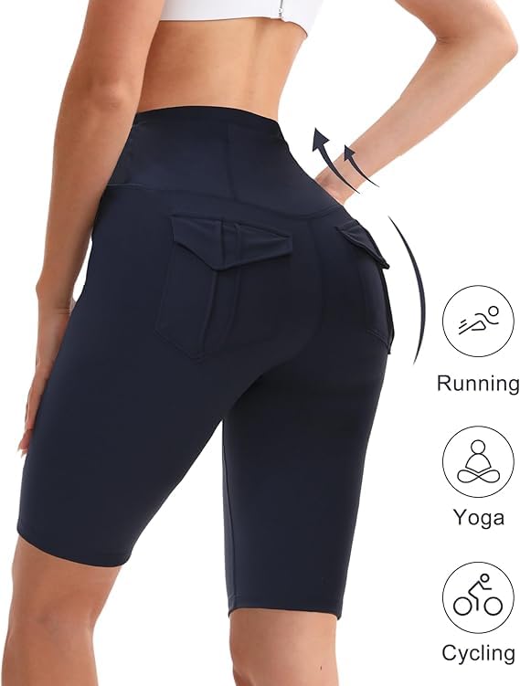 Women’s High Waisted Biker Shorts with Pockets - Large, Black White Navy 3-Pack