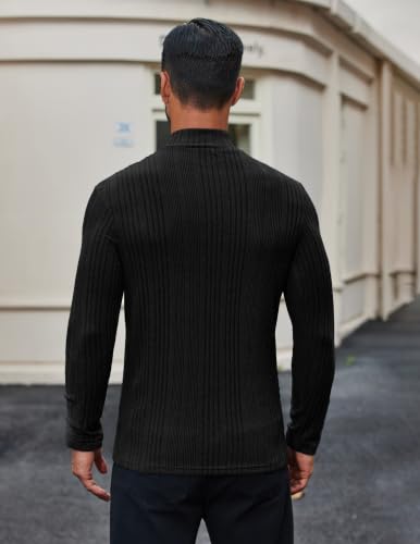 Men's Black Medium Fleece Thermal Mock Turtleneck Long Sleeve Shirt - Slim Fit