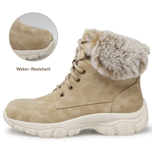 Anjoufemme Women’s Winter Snow Hiking Boots Fur Lined Beige 8.5
