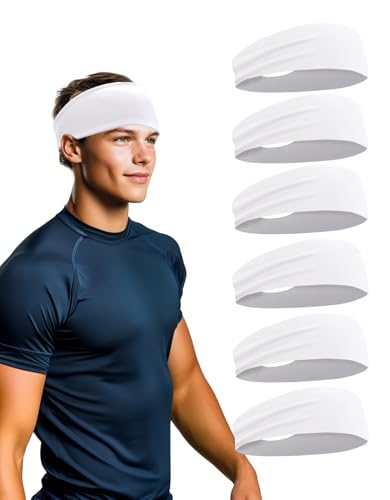 White 6 Pack Sports Headbands for Men & Women, Sweat-Wicking Workout Hairbands