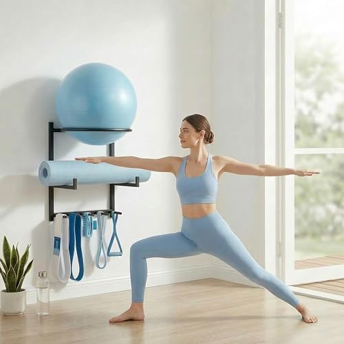 Wall Mounted Yoga Ball & Mat Storage Rack Organizer for Home Gym
