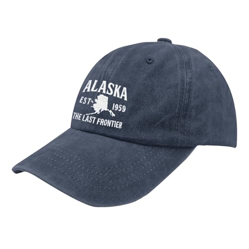Washed Cotton Alaska Baseball Cap Adjustable Vintage Dad Hat Navy Blue Embroidered - One Size