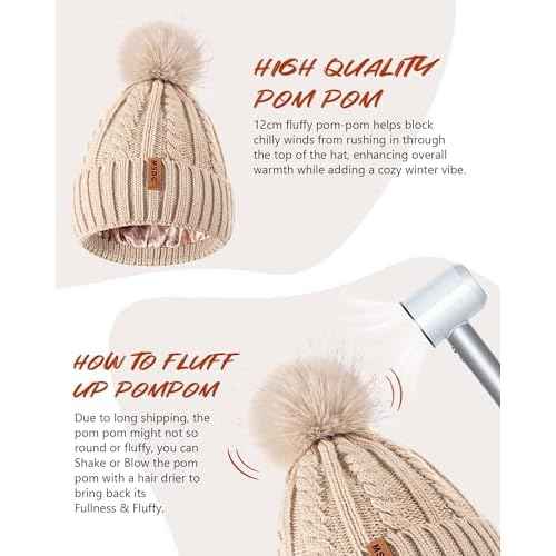 MSDC Satin Lined Beanie for Women with Pom Pom, Warm Womens Winter Hats with Silk Lined, Fashionable Knit Beanie Skull Cap