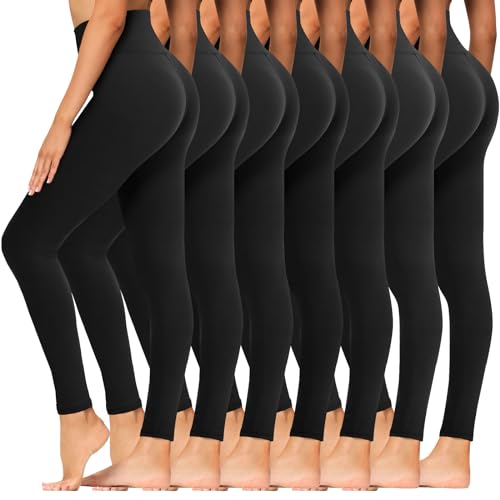 Syrinx 7 Pack High Waisted Tummy Control Leggings for Women - Black + Small-Medium