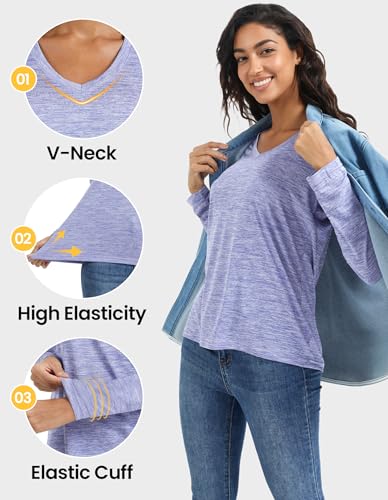 Moisture Wicking Long Sleeve Workout Shirts for Women - 6 Pack Black Gray Watermelon Purple Green Blue Medium