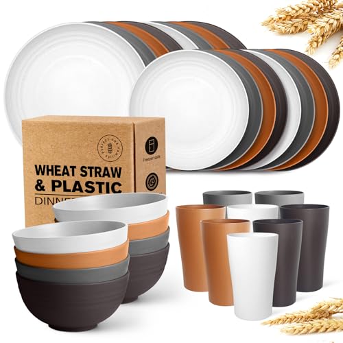 Farmhouse Dinnerware Set - 32-Piece Plates & Bowls for Kitchen & Dining, Wheat Straw Material