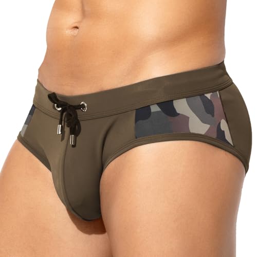 Men's Printed Swim Briefs - Arjen Kroos Pattern Bikini Swimsuit with Drawstrings, Lined Pouch - Army Green / Medium