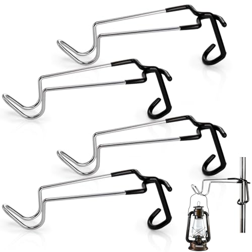 4 Pack Camping Lantern Hangers, 10" Stainless Steel Lamp Hooks with Non-Slip Rubber Clamp