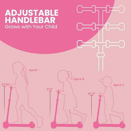 Dribbl 3-Wheel Kids Scooter - Lean-to-Steer Technology, Adjustable Height Handlebar, Wide Anti-Slip Deck, Scooter for Boys & Girls Ages 3+, Child Safety Approved, Support Riders Up to 165 lbs, Pink