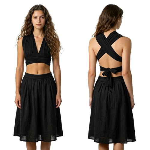 Women's Deep V Neck Crop Top - Black, Adjustable Tie Backless Halter, Breathable Cotton Summer Festival Top