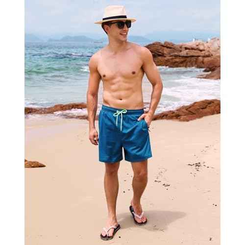 SILKWORLD Mens Swimming Trunks with Compression Liner 2 in 1 Quick-Dry Swim Shorts with Zipper Pockets