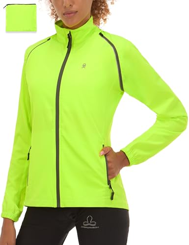 Women's Packable Rain Cycling Jacket with Removable Sleeves - Fluorescent Yellow, Medium