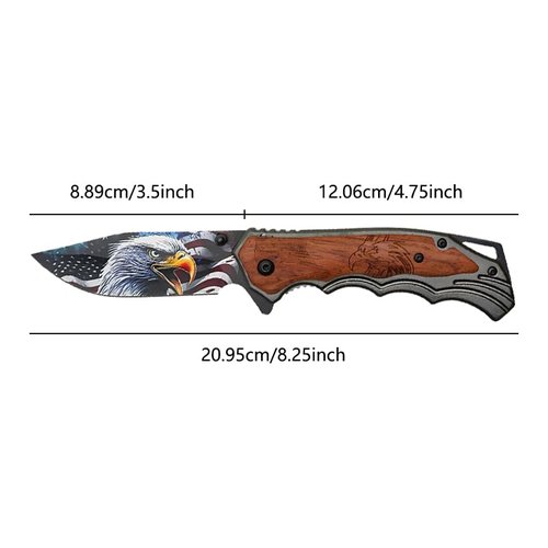 Eagle Wood Pocket Knife - Tactical Folding Knife with 3.5" Steel Blade featuring Eagle Print - Overall Length 8.25" - 440 Stainless Steel - Ideal EDC Gear