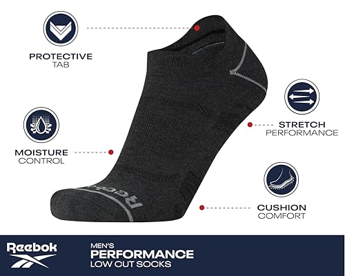 Reebok Mens Low Cut Athletic Socks 6 Pack - Moisture Wicking Cushioned Performance