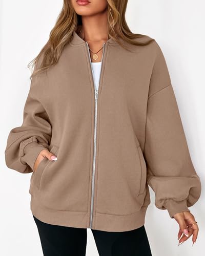 KIRUNDO Oversized Zip Up Bomber Jacket for Women Khaki Small