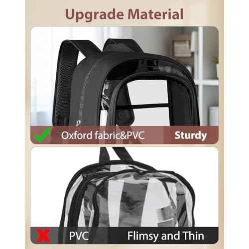 Clear Backpack, Fabric & PVC Transparent Backpack with Reinforced Strap for Women Men, Heavy Duty Transparent Bookbag, Large Capacity Clear Bag, Travel, Security, Black