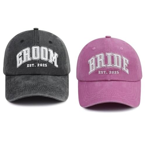 2PCS Bride and Groom Est 2025 Hats for Men Women, Funny Adjustable Embroidered Newlyweds Couples Baseball Cap
