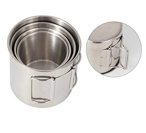 Stainless Steel Camping Mug Set with Folding Handle - 4 Piece Backpacking Cup Kit