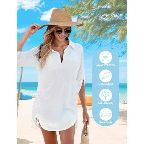 Swimsuit Coverup for Women, Drawstring Beach Bathing Suit Bikini Cover Up for Women, Sexy V Neck Beachwear Dress