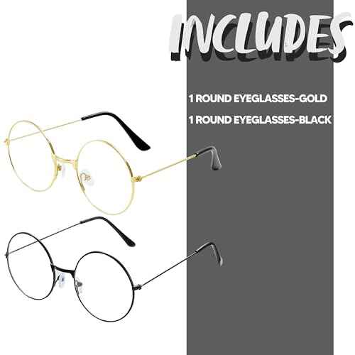 Spooktacular Creations 2PCS Halloween Fake Wizard Glasses, Old Men Wire Round Glasses Toys, Costume Eyeglasses for Women Men Party Dress Up Accessories Prop Black