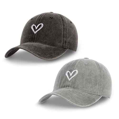 2 Pack Heart Baseball Caps for Women Men, Cute Adjustable Washed Sun Hats for Outdoor Running Golf