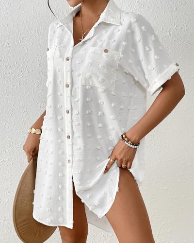 Bsubseach Women's Swiss Dot Beach Cover Up Shirt Dress Small White