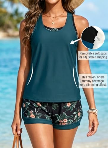 X-Large Teal and Floral 3 Piece Tankini Swimsuit Set - Athletic Bathing Suit with Boyshorts