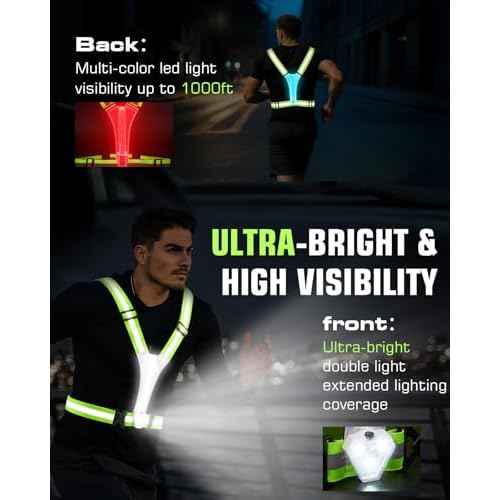 Zacro LED Reflective Vest with Chest Light 500LM, 5 RGB Colors High Visibility Rechargeable Light Up Running Vest IPX4 Night Safety Running Gear for Dog Walking, Cycling, Adjustable for Men Women Kids