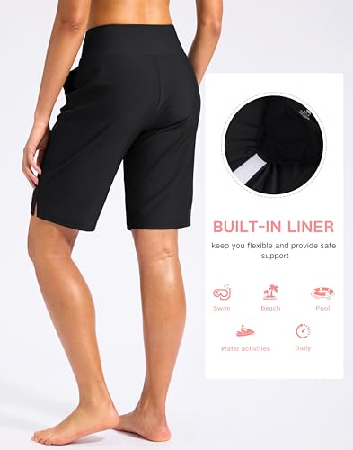 Large Black Women's 11-Inch Long High-Waisted Swim Shorts with Pockets - Modest Beach Board Shorts