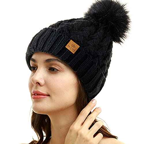 PAGE ONE Womens Winter Ribbed Beanie Crossed Cap Chunky Cable Knit Pompom Soft Warm Hat