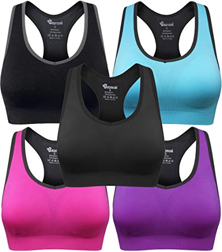 Women's Seamless Racerback Sports Bra High Impact Support 5 Pack - Black, Blue, Grey, Purple, Rose Red