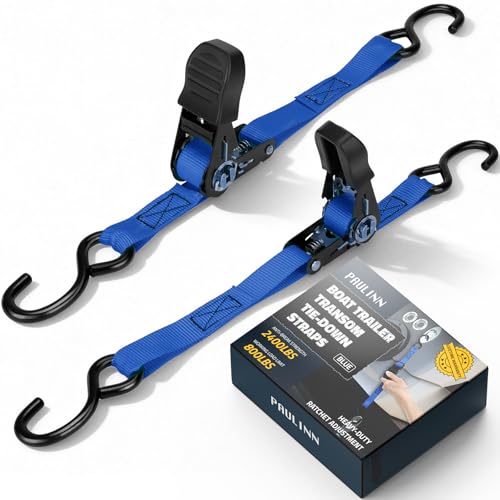 Manual Boat Trailer Tie-Down Straps 1in x 4ft, 2400 lbs Adjustable Marine Ratchet with Quick Release & Anti-Scratch Hooks - Pair