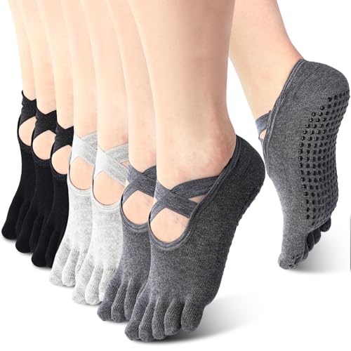 Yoga Toe Socks with Grip 7 Pairs Women's Non-Slip Toe Socks - Black, Light Gray, Dark Gray