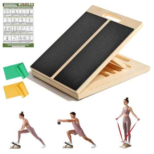 Professional Slant Board for Calf Stretching, Adjustable Portable Wooden Board with 2 Resistance Bands & Training Poster,300 lbs Weight Capacity Calf Stretch Wedge for Legs & Flexibility Training
