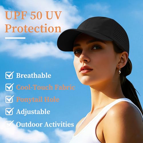 Women's UPF 50+ Waterproof Baseball Cap with Ponytail Hole - Black