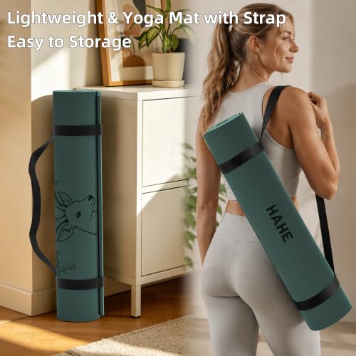 Extra Wide Yoga Mat 75x32 Inches with Deer Print - Green - Non-Slip Exercise & Fitness Mat